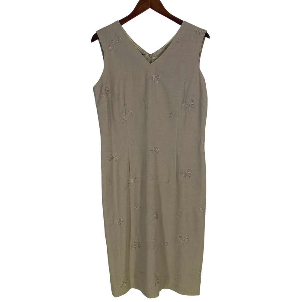 Liz Claiborne Collection Satin Lined Sheath Dress Size 12 Tan Floral Embroidery
